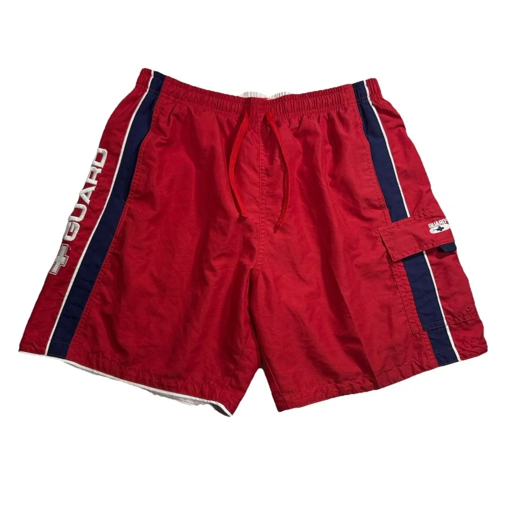 Swim Stuff Red Lifeguard Swim Trunks Blue White Side Stripes 